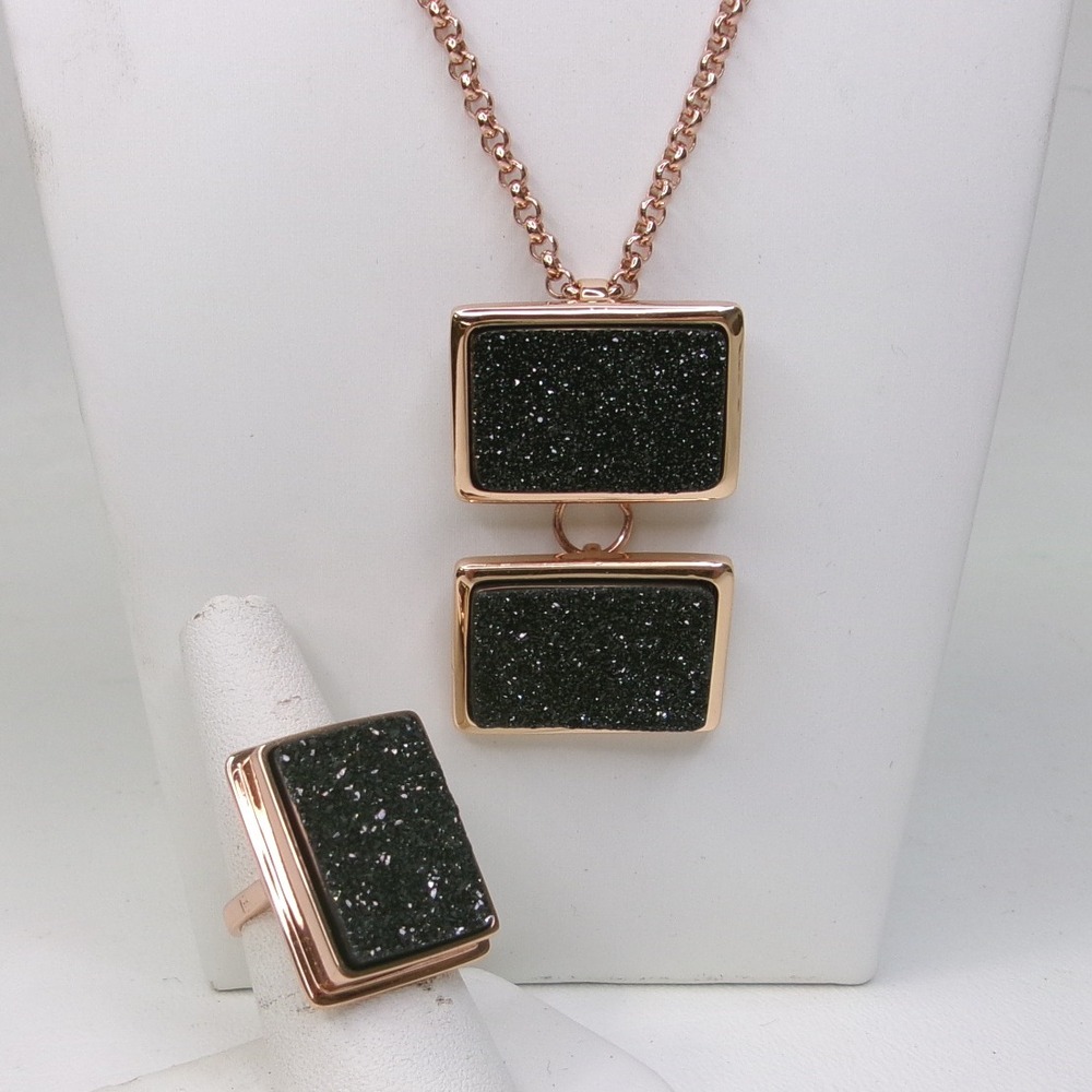Rose Gold Tone Black Druzy Quartz Stone Necklace & Ring Set Sz 7